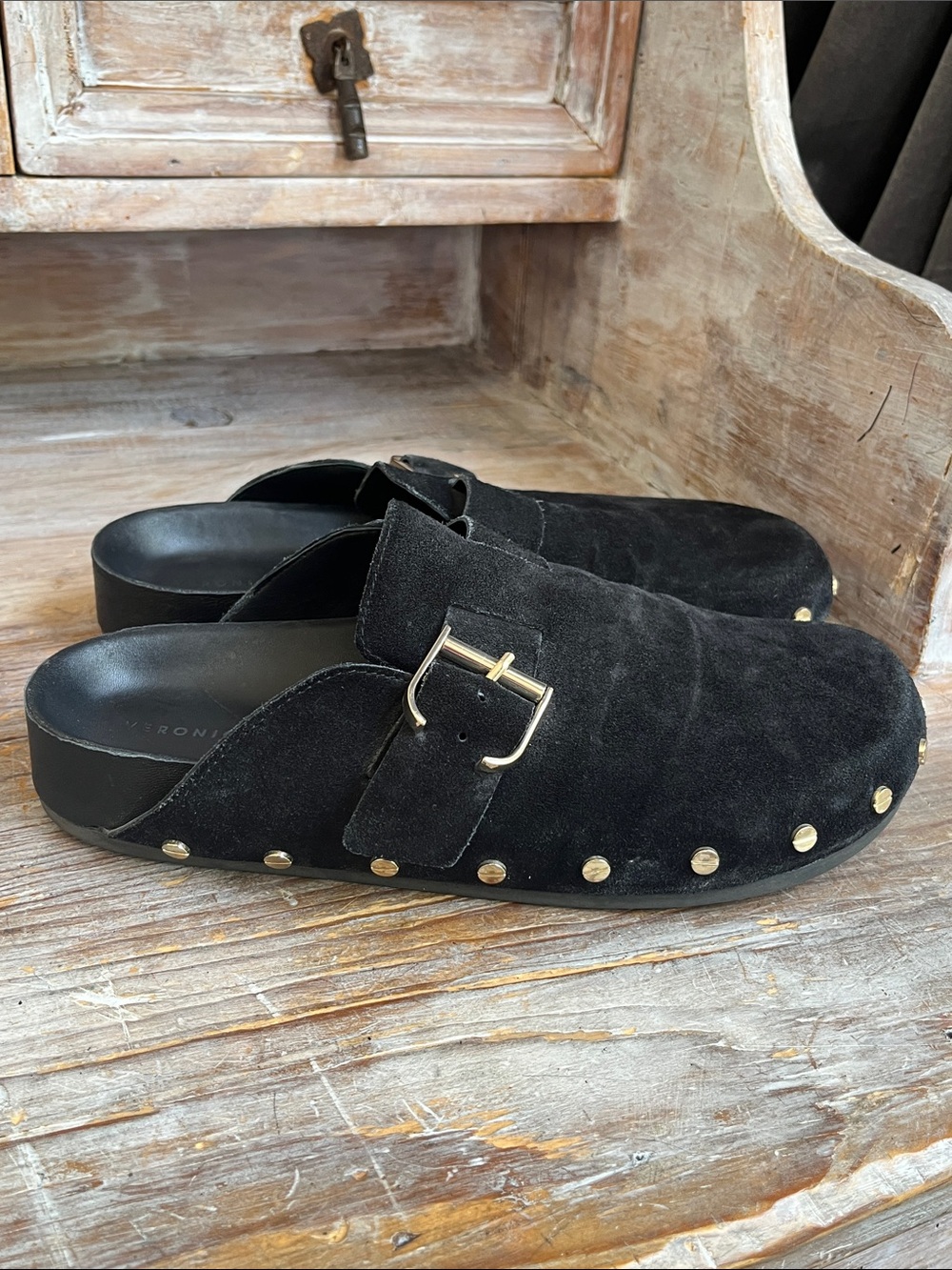 🖤 Veronica Beard Fern Suede Leather Clog Size 7 Black Gold Studs Buckle